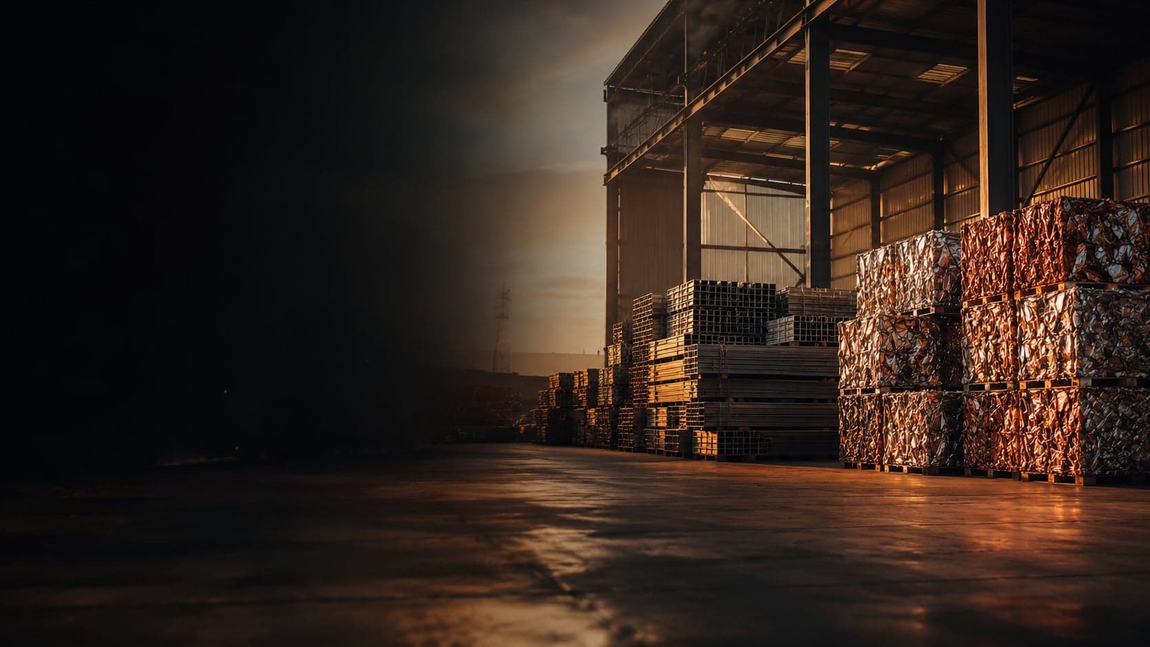 Modern metals warehouse at golden hour