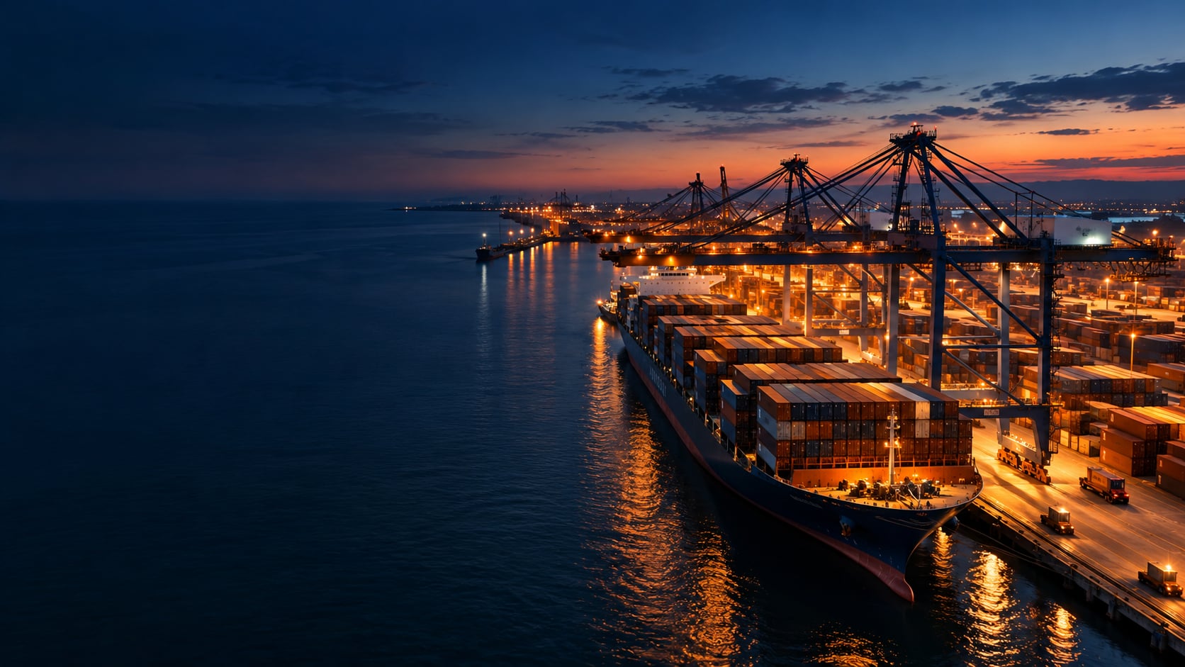 Container ship being loaded at a port at dusk