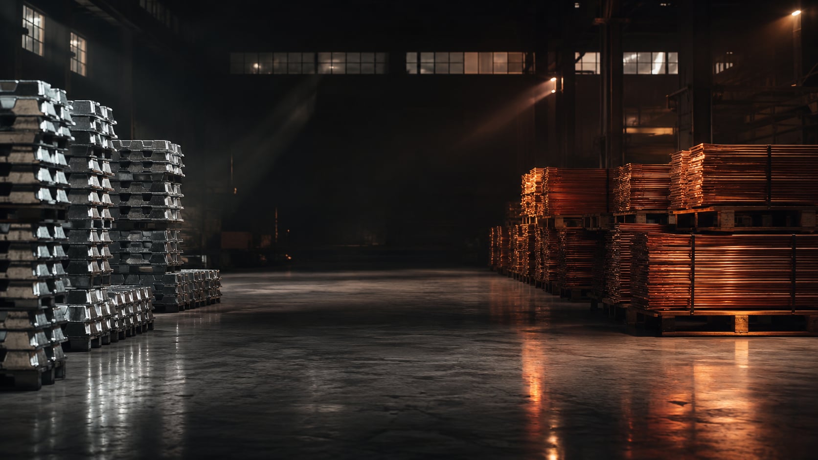 Aluminium ingots and copper sheets in a modern warehouse