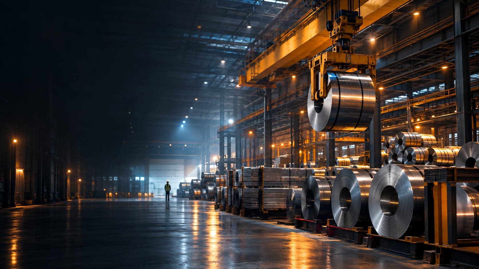 Steel coils being handled in a modern warehouse